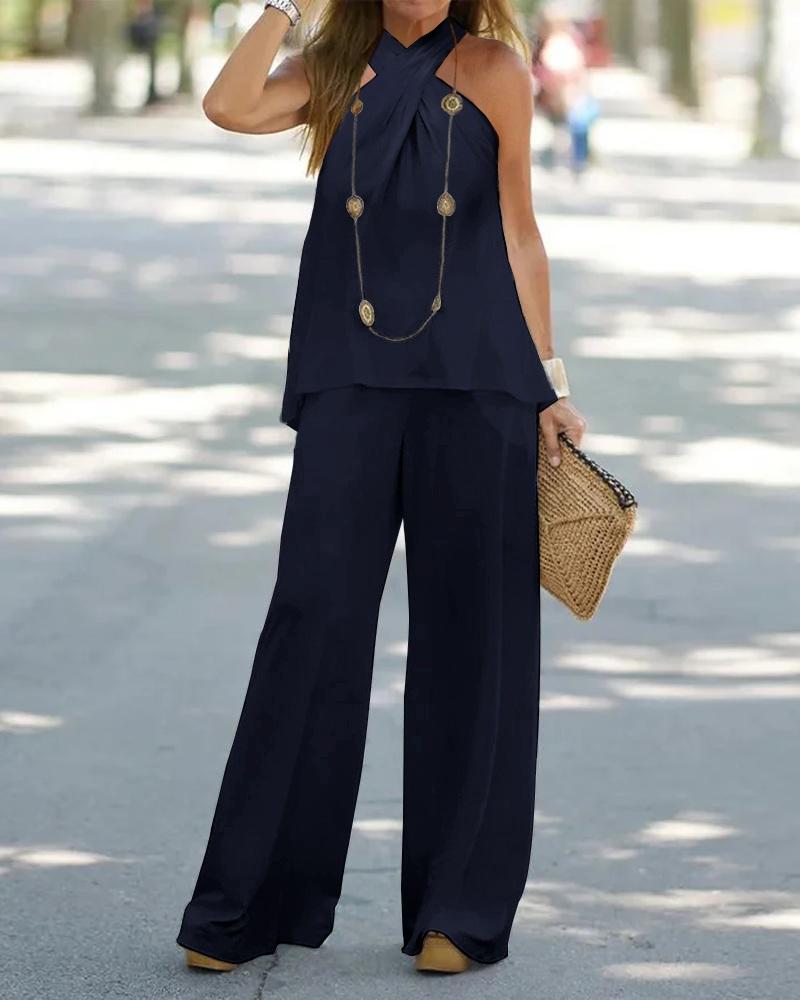 

Crisscross Halter Casual Top & Wide Leg Pants Set, Purplish blue