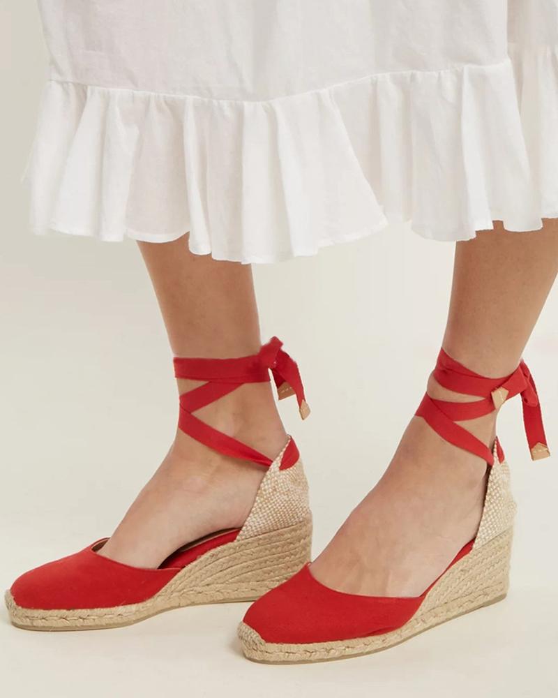 

Lace-up Woven Flax Wedding Guest Wedge Sandals, Red