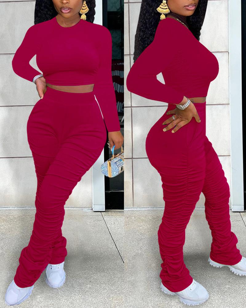 

Round Neck Crop Top & Ruched High Waist Pants Set, Dark red