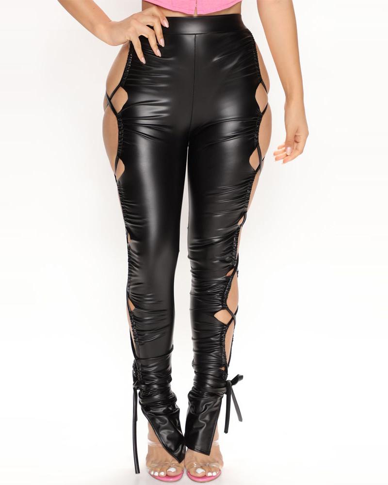 

High Waist Lace-up PU Leather Slit Pants, Black