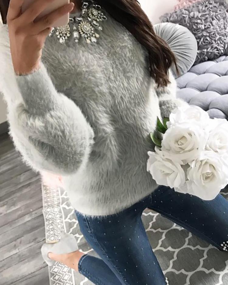 

Warm Solid Fluffy Casual Sweater, Gray