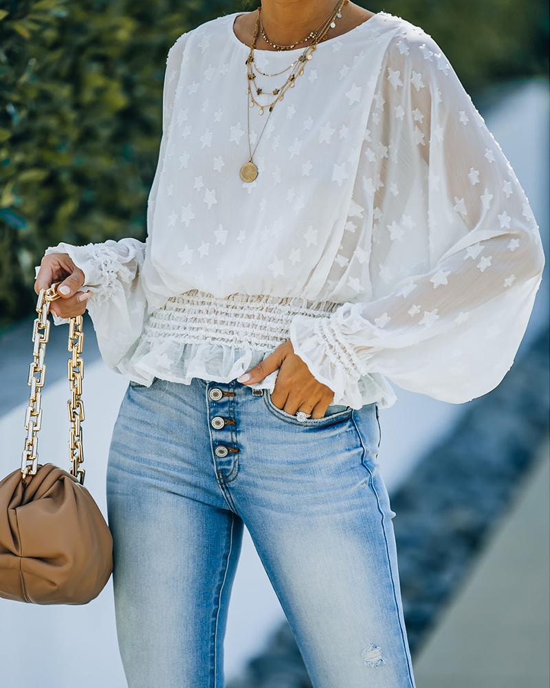 

Star Pattern Lantern Sleeve Shirred Top, White