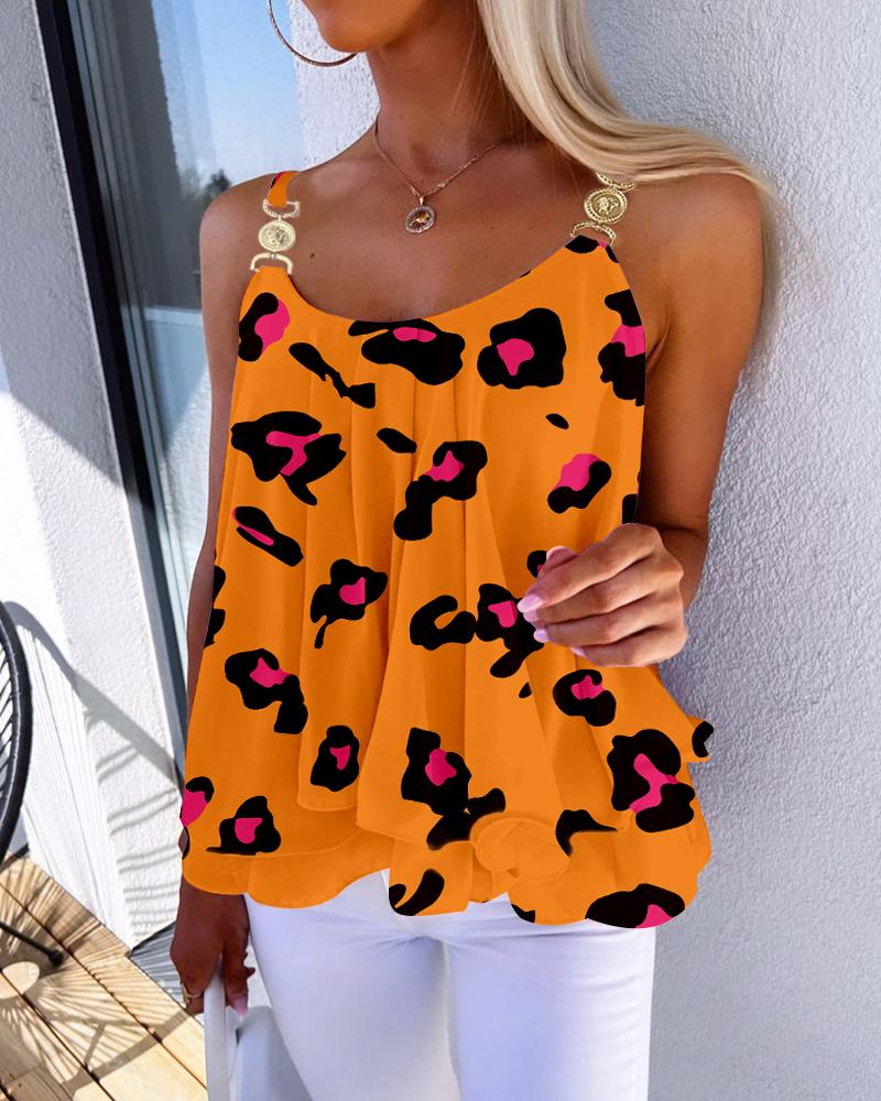 

Pink Leopard Print Ruffles Flowy Cami Top, Orange