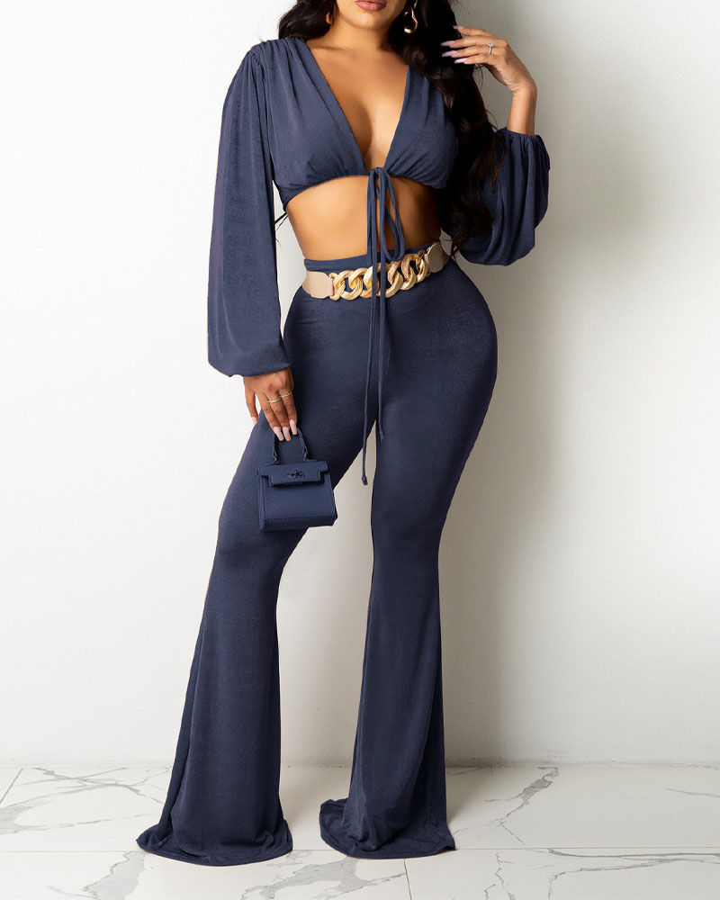 

Lantern Sleeve Tie Front Crop Top & Flare Leg Pants Set, Dark blue