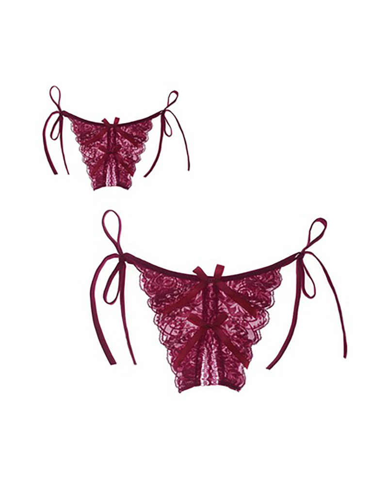 

Bowknot Design Sheer Mesh Lace Up Thong, Wine red