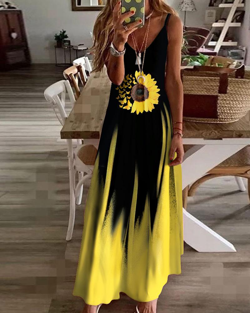 

Sunflower Butterfly Print Colorblock Maxi Dress, Yellow