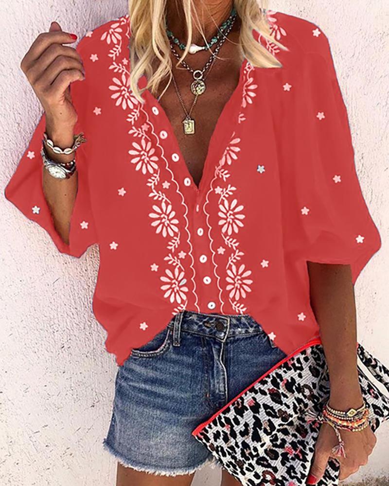 

Floral Print Button Front Lantern Sleeve Shirt, Red