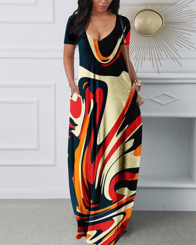 

Abstract Print Pocket Design Dress, Multicolor