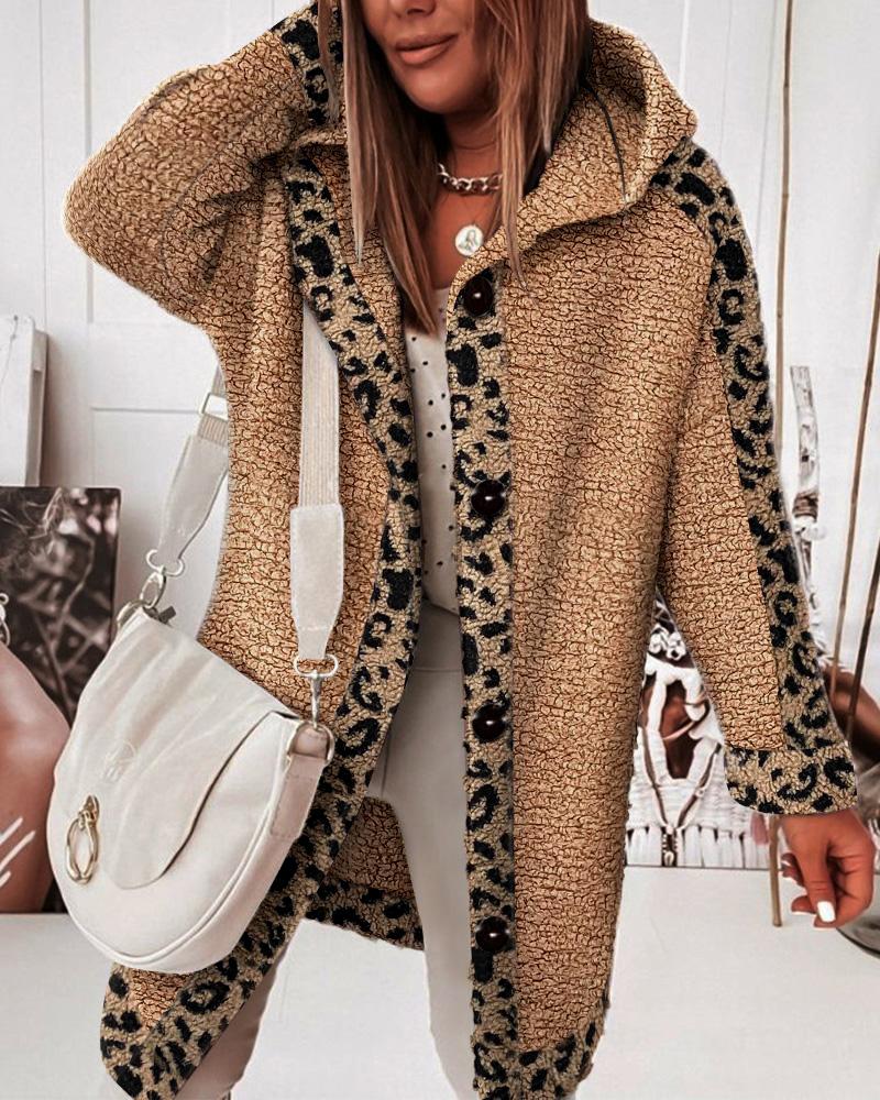 

Contrast Leopard Long Sleeve Hooded Teddy Coat, Brown