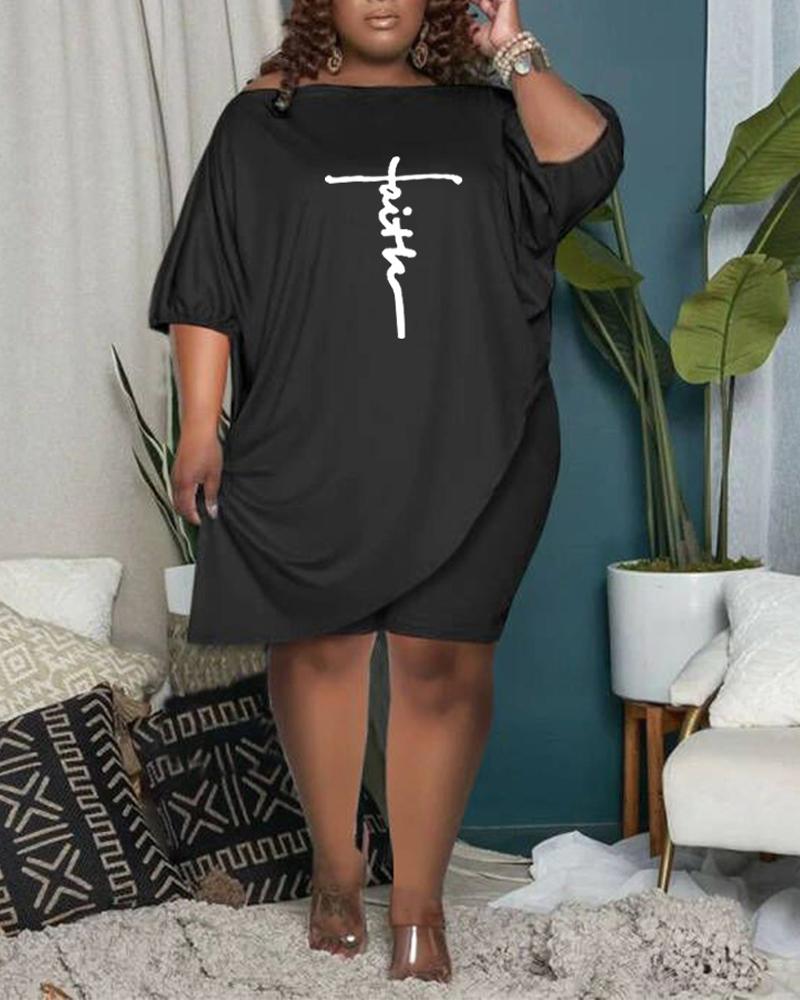 

Plus Size Letter Print Asymmetrical Top & Shorts Set, Black