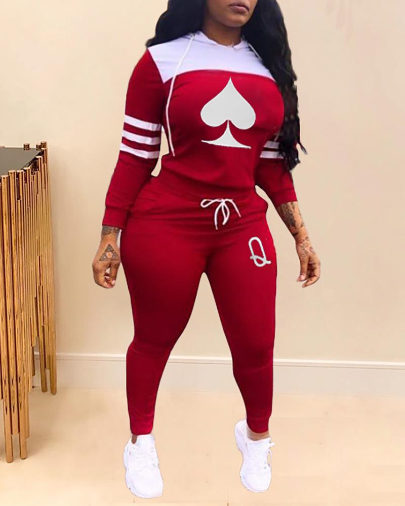

Poker Print Striped Hooded Top & Drawstring Pants Set, Red