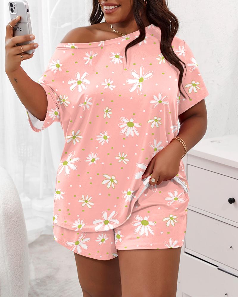 

Plus Size Daisy Print Short Sleeve Pajamas Set, Pink