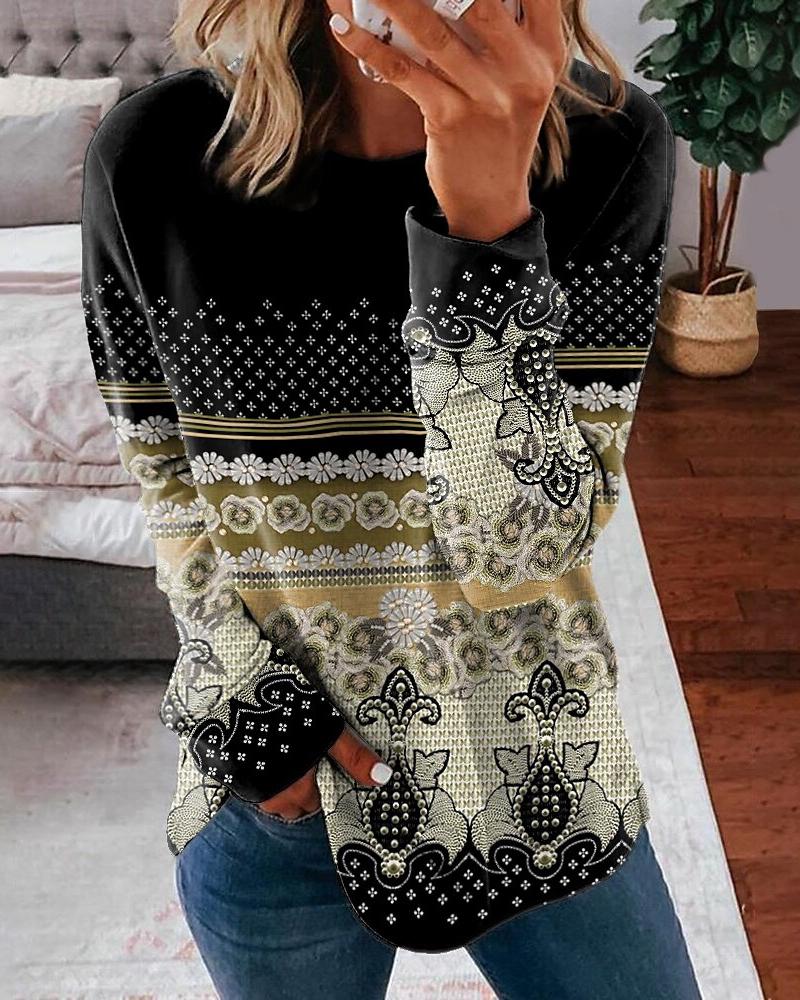 

Tribal Print Long Sleeve Casual Top, Yellow