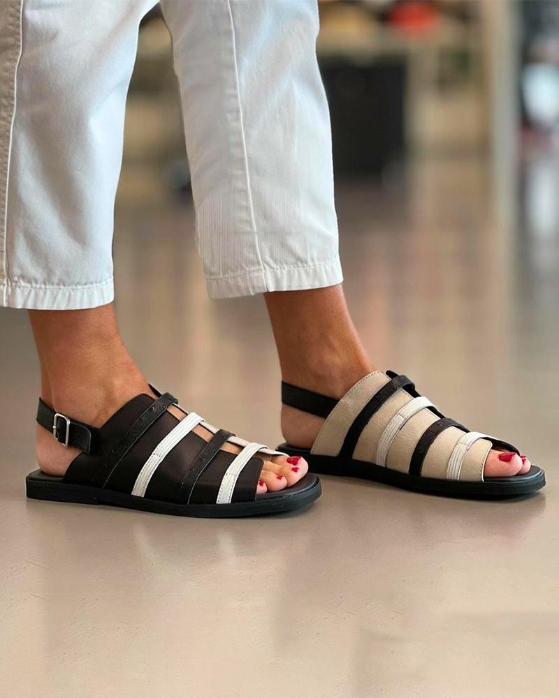 

Round-toe Color Block Open-toe Flat Sandals, Black&white