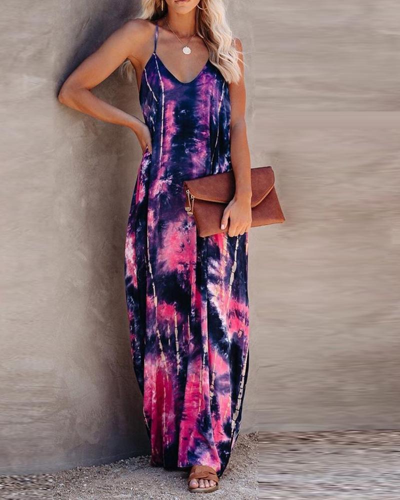 

Tie Dye Print Backless Spaghetti Strap Maxi Dress, Purple
