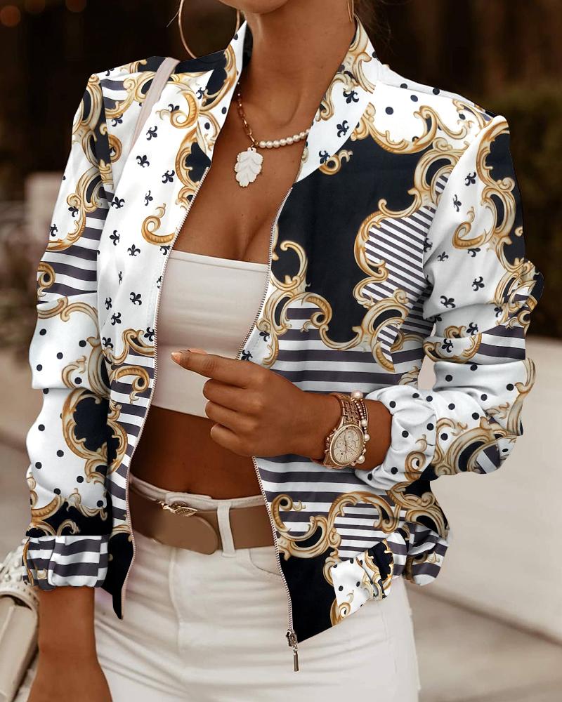 

Scarf Print Long Sleeve Zip Up Jacket Casual Retro Short Coats, Multicolor