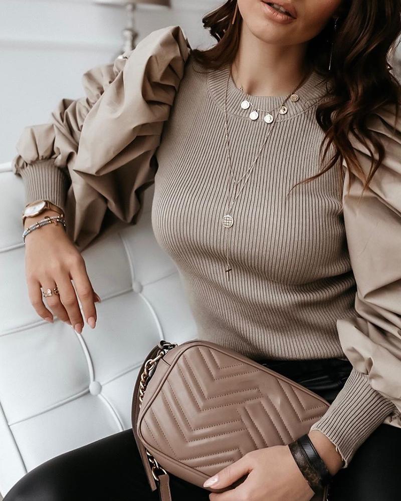 

Ruched Puff Lantern Sleeve Ribbed Top, Khaki