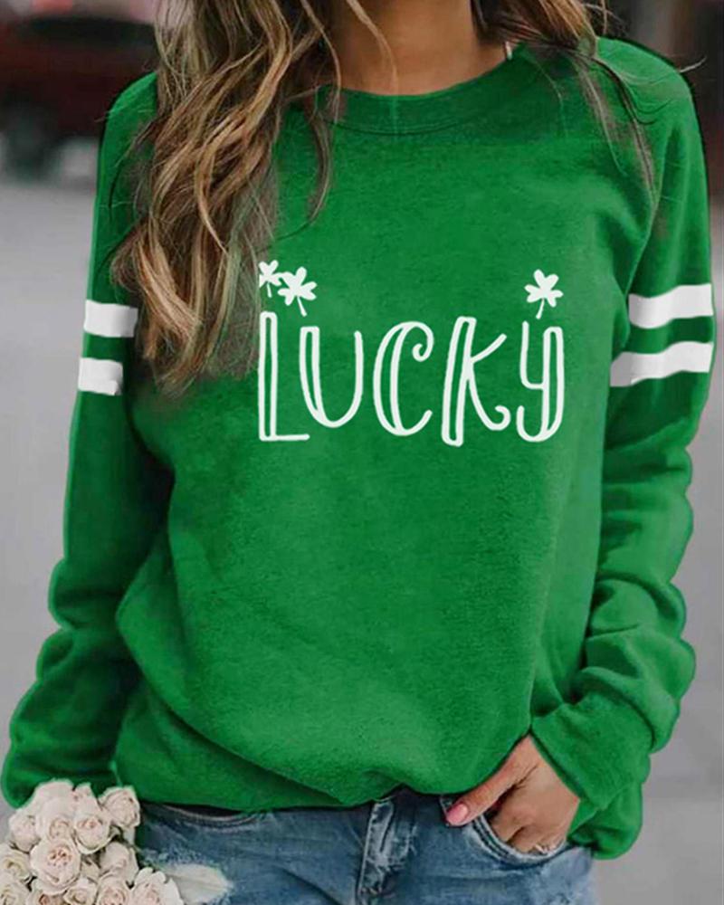 

Long Sleeve Striped Letter / Clover Print Top, Style1