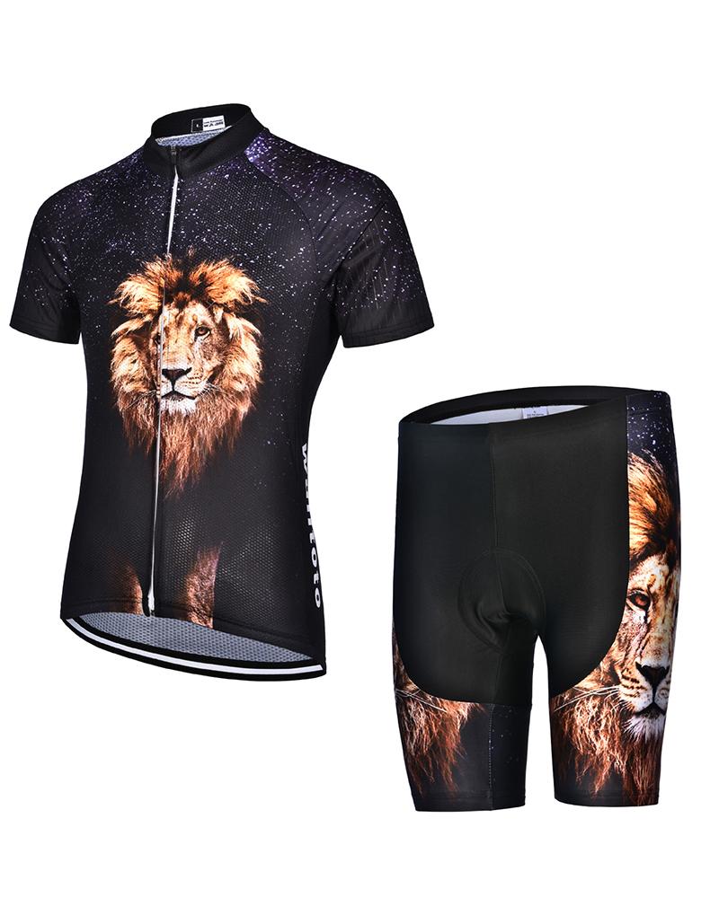 

Lion Print Short Sleeve Sport T-shirt With Short Pants Jersey Active Sets, Black