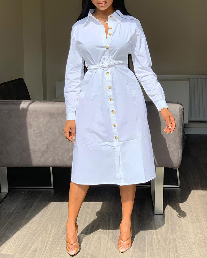 

Long Sleeve Buttoned Ruched Shirt Dress, White