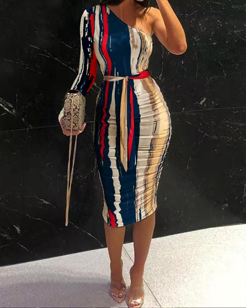 

Abstract Print Striped One Shoulder Ruched Bodycon Dress, Multicolor