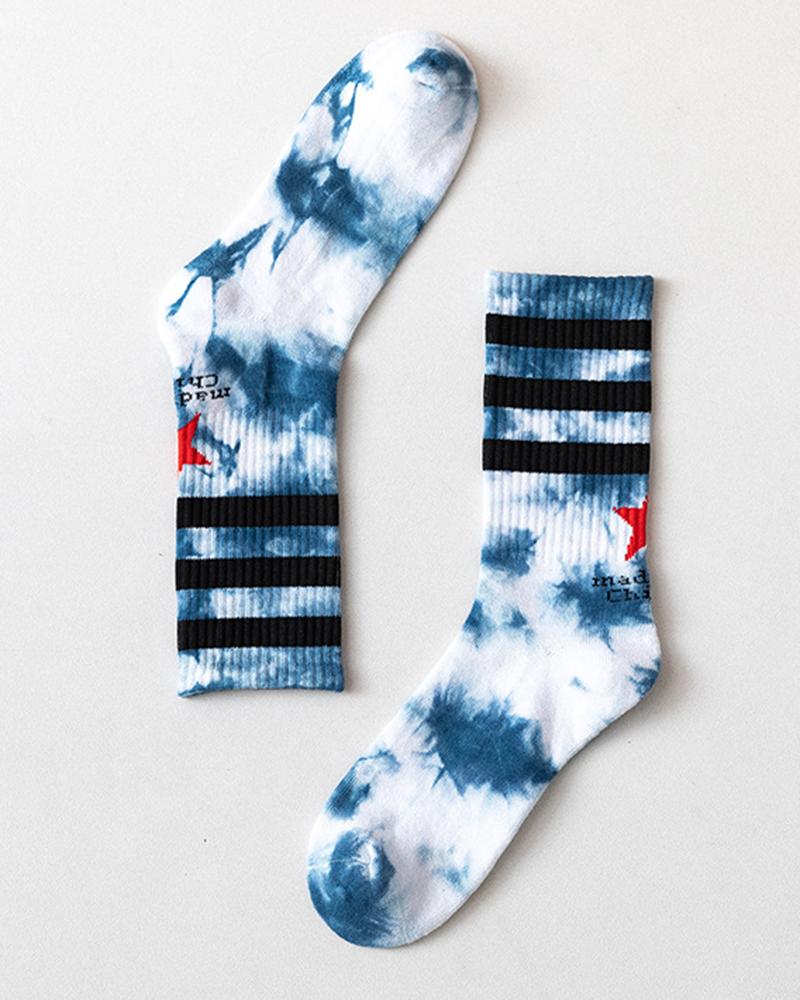 

Striped Tie Dye Print Long Socks, Blue