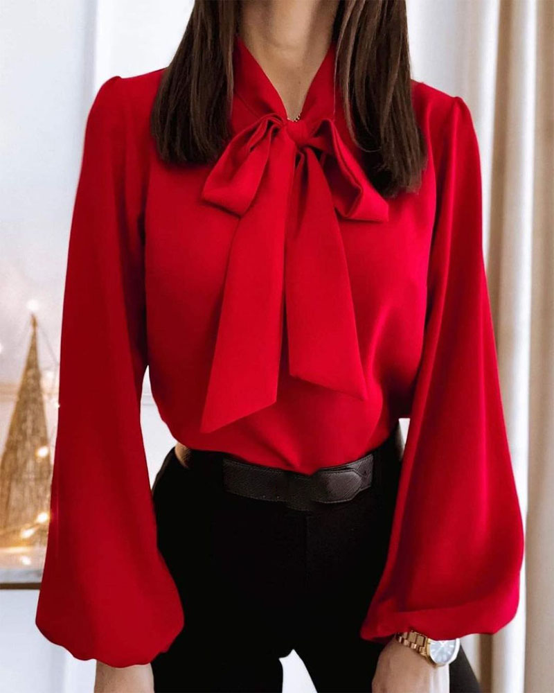 

Lantern Sleeve Tie Neck Top, Red
