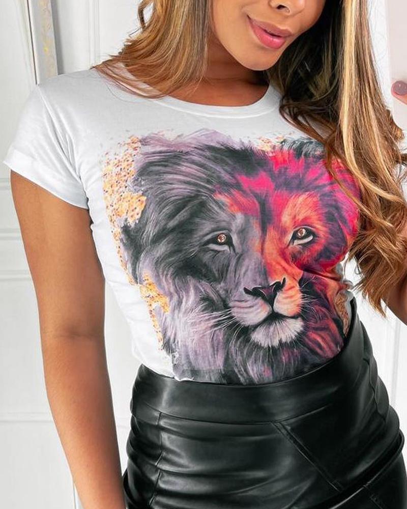 

Lion Pattern Print Colorblock Short Sleeve Tee, White