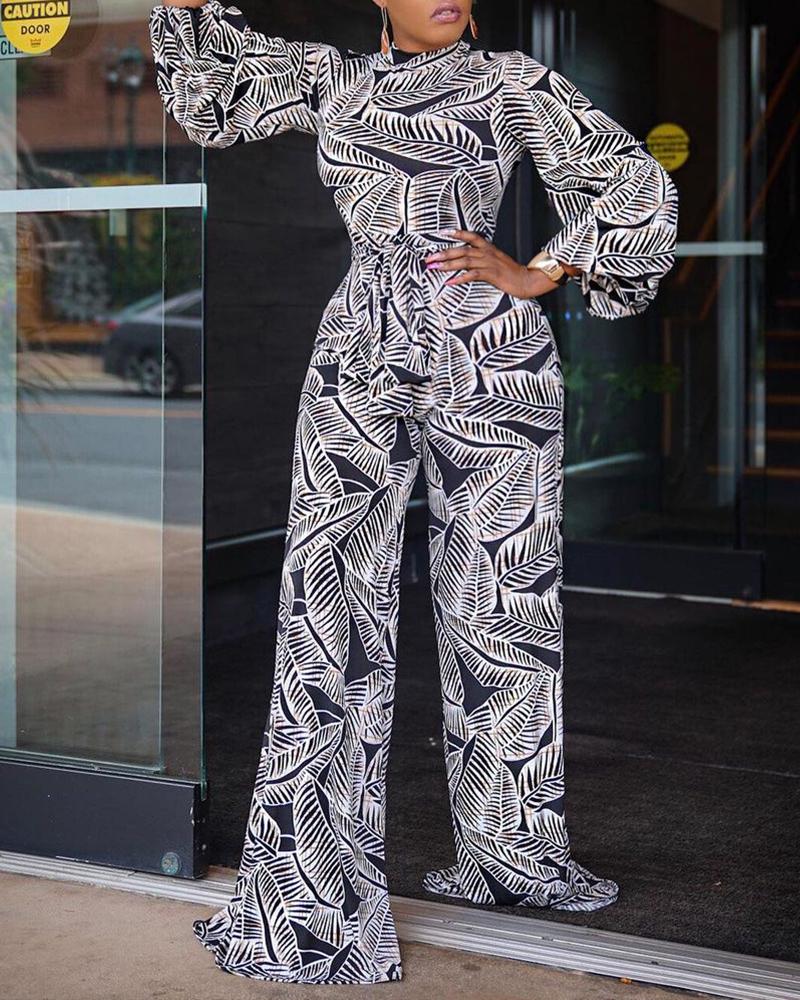 

Tropical Print Bell Sleeve Wide Leg Jumpsuit, Black&white