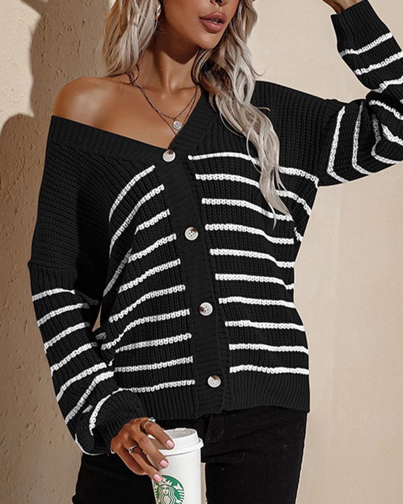 

Striped Chunky Knit Drop Shoulder Button Up Cardigan, Black