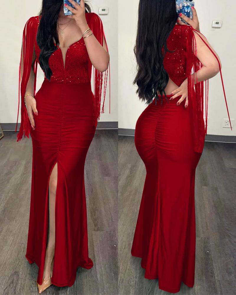 

Contrast Sequin Ruched Slit Evening Dress, Red