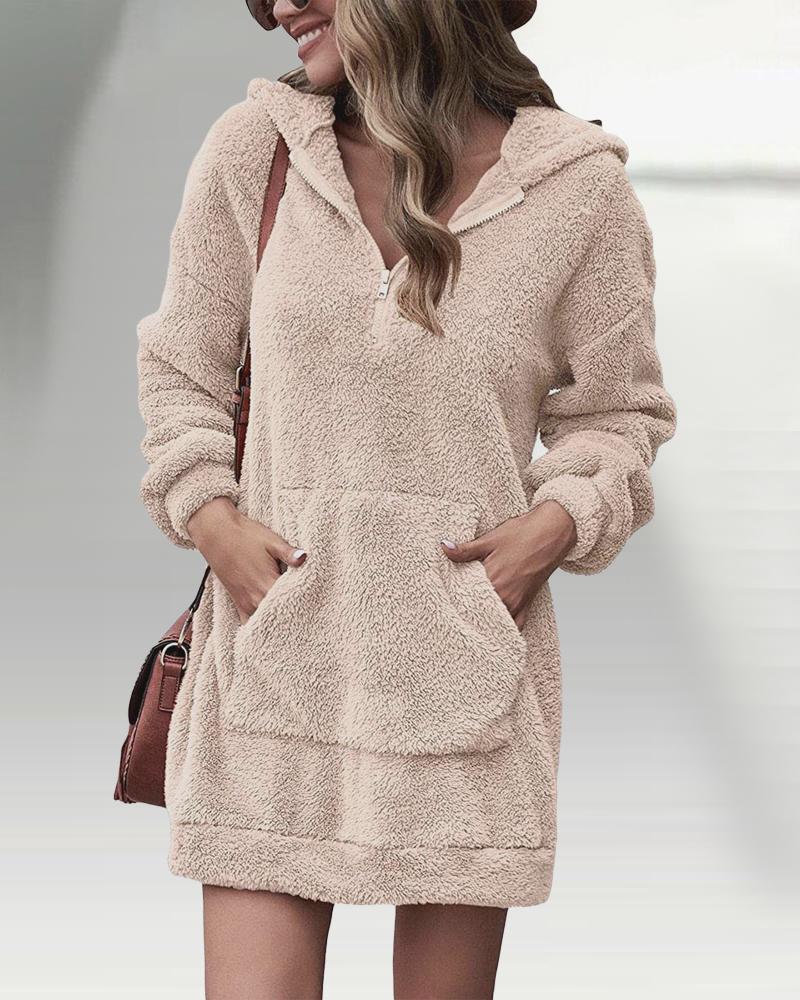 

Long Sleeve Zipper Detail Fluffy Hoodie, Apricot