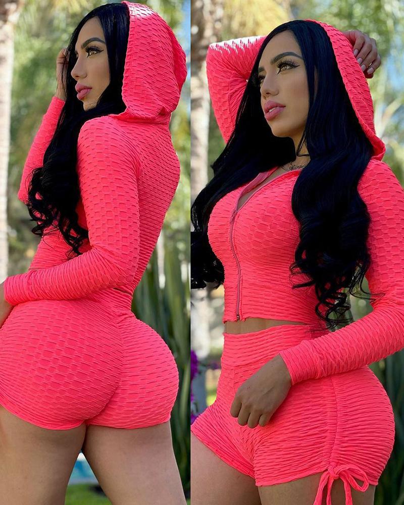 

Zipper Design Hooded Top & Ruched Drawstring Shorts Set, Hot pink