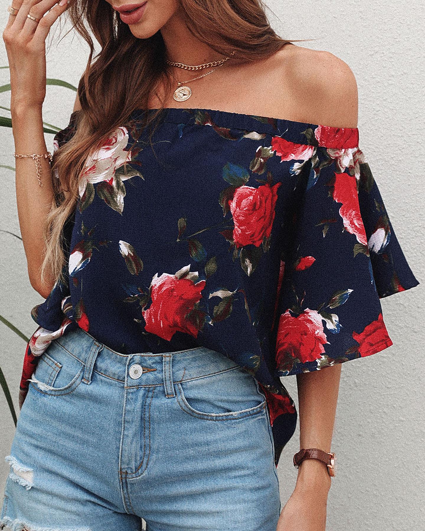 

Off Shoulder Floral Slit Back Casual Blouse, Dark blue
