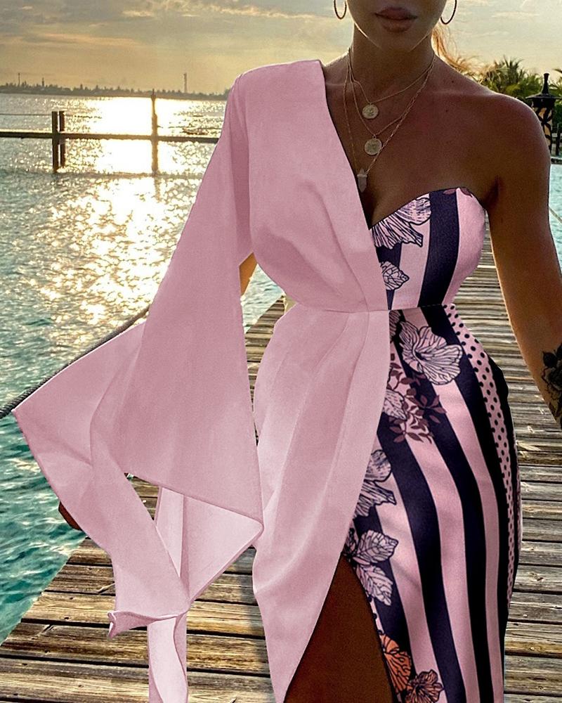 

Floral Striped Print Bell Sleeve Slit Shirt Dress, Pink