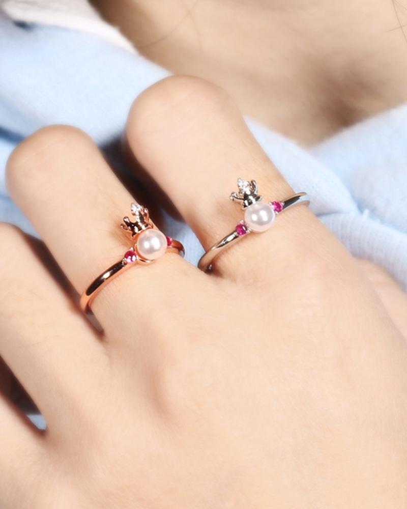 

1pc Zircon Pearls Decor Crown Shaped Ring, Gold