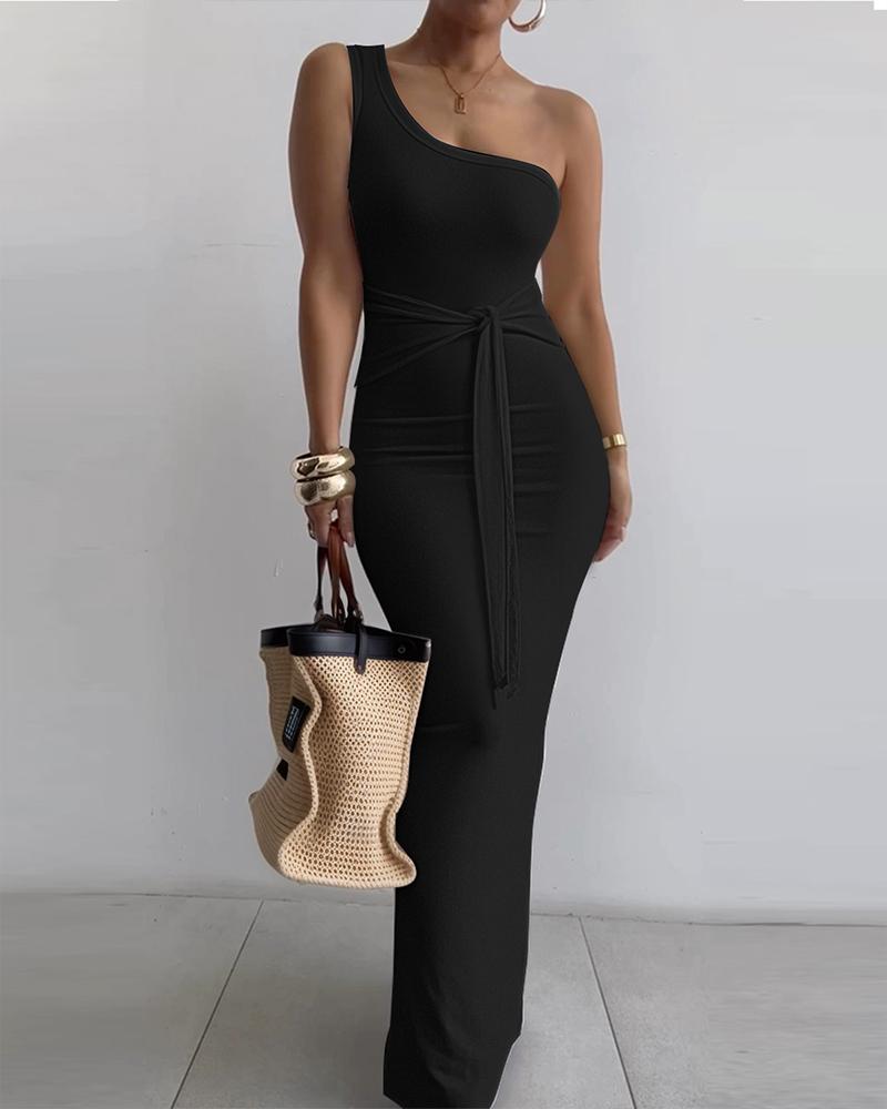 

One Shoulder Tied Detail Skims Dress, Black