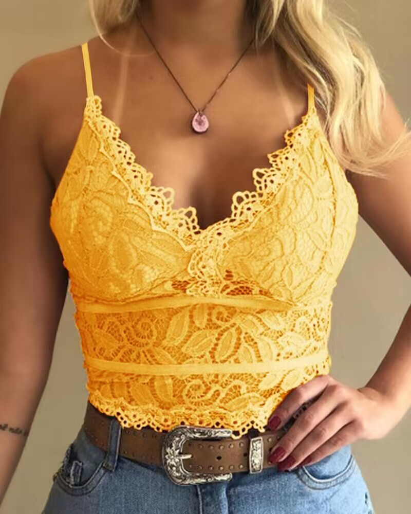 

Guipure Lace V-Neck Spaghetti Strap Top, Yellow