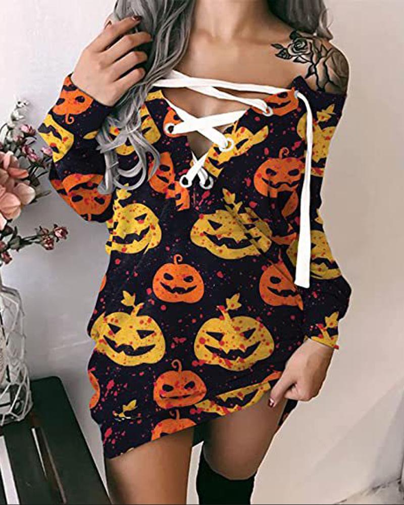 

Halloween Pumpkin Print Grommet Eyelet Lace-Up Sweatshirt Dress, Style1