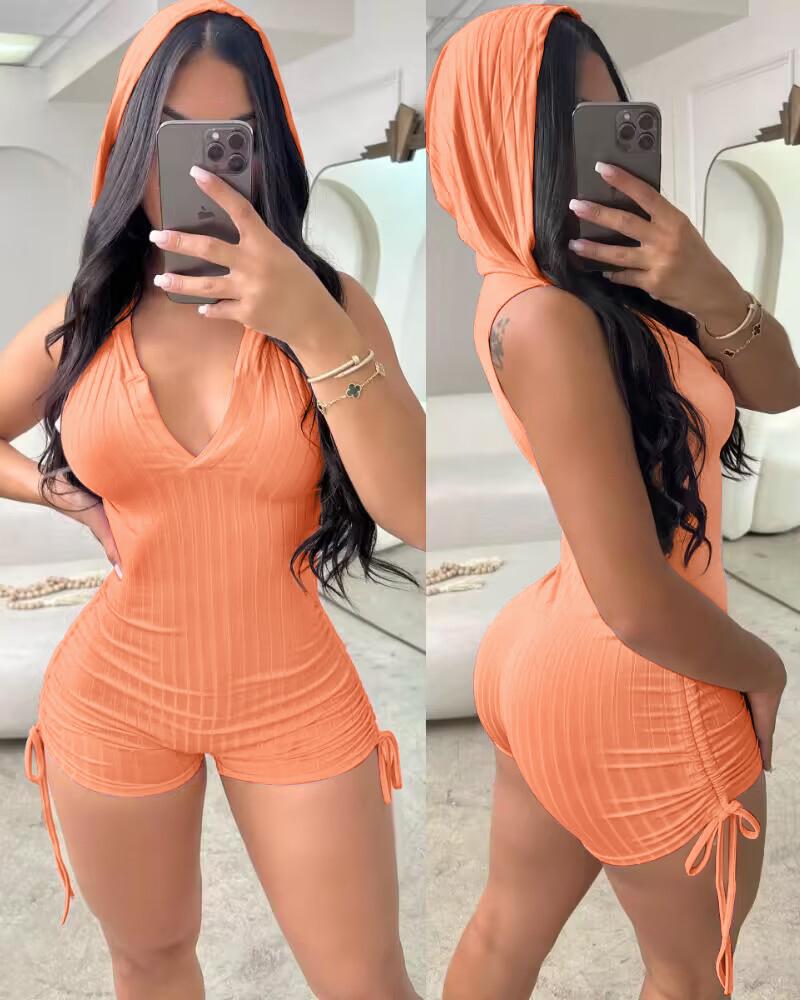 

Side Drawstring Slim Fit Sleeveless Hooded Romper, Orange