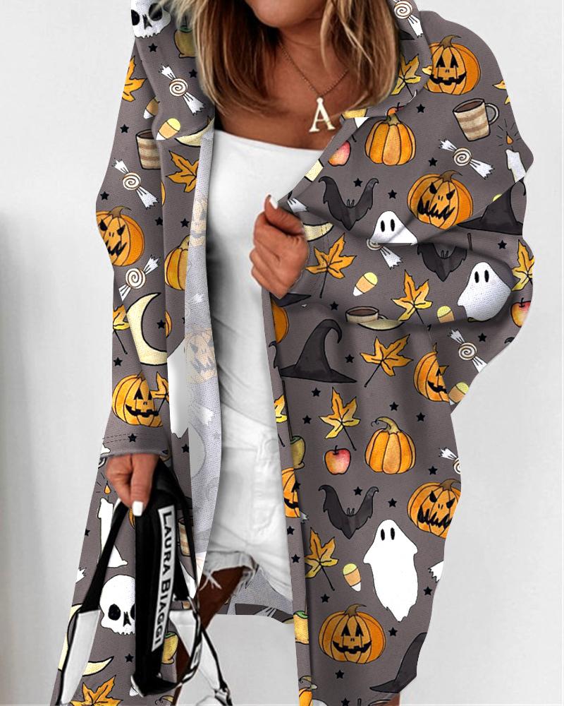 

Halloween Pumpkin Skull Graphic Print Hooded Coat, Gray