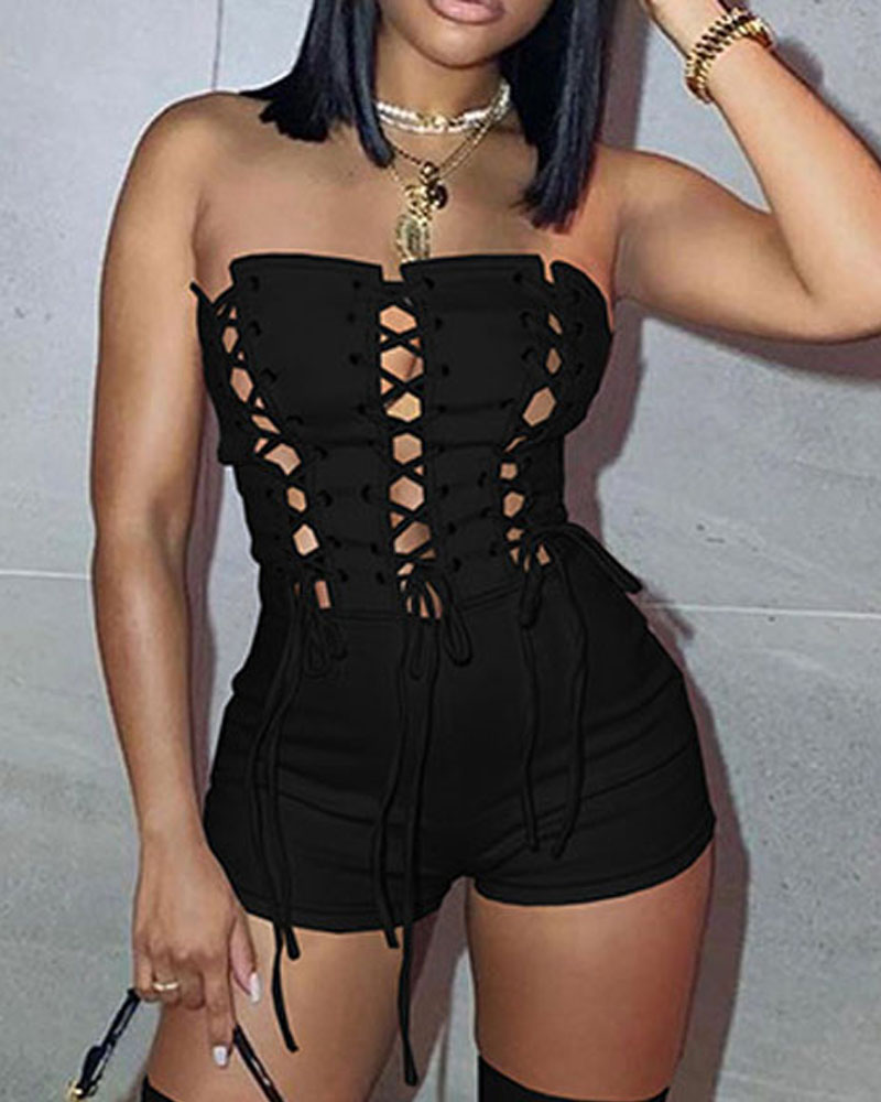 

Grommet Eyelet Lace-up Tube Romper, Black