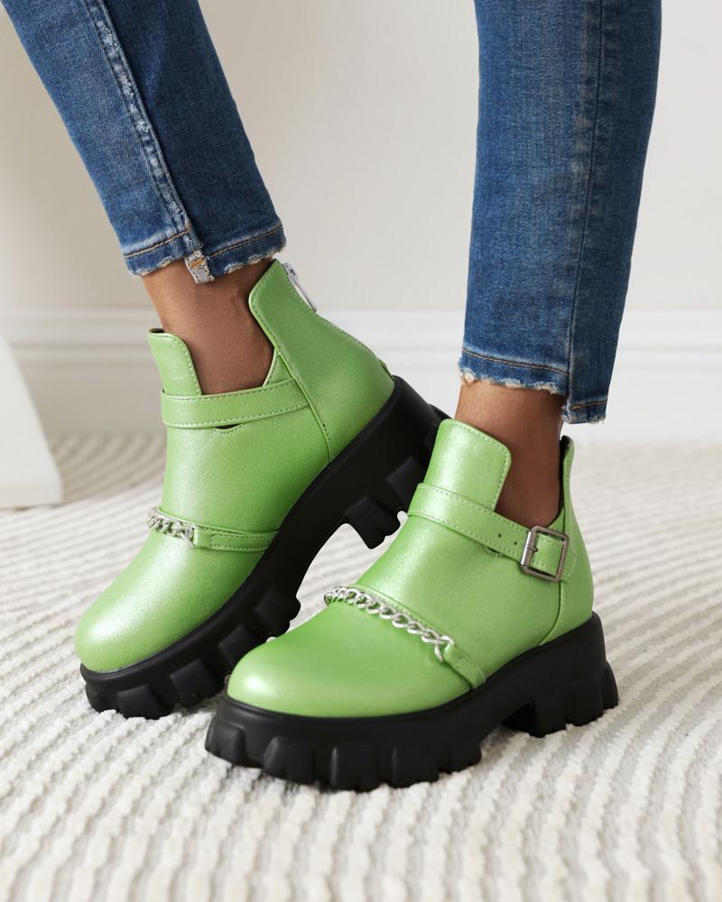 

Womens Chain Decoration Round Toe Hollow-out Martin Boots, Green