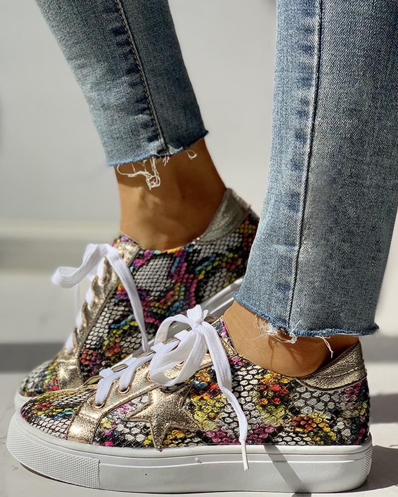 

Glitter Lace-Up Star Pattern Casual Sneakers, Multicolor