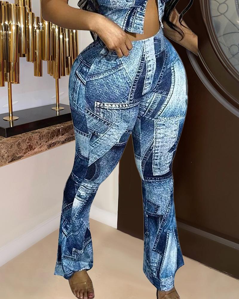 

Denim Look Print High Waist Flared Pants, Blue