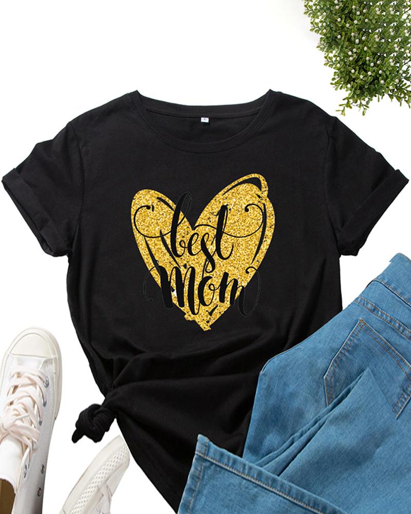 

Mother's Day Gift Short Sleeve Letter Print T-shirt, Black