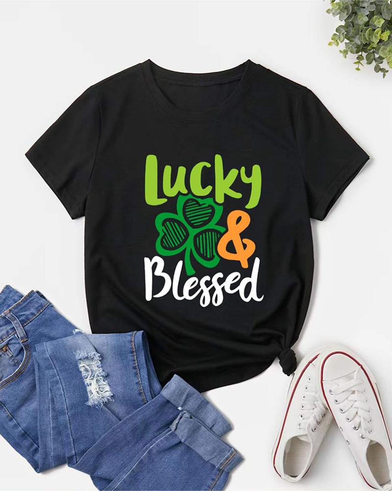 

St. Patrick's Day Letter Clover Print Casual T-shirt, Black