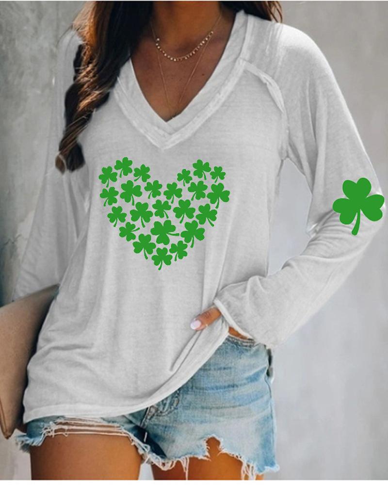 

St. Patrick' Day Clover Heart Print Long Sleeve Top, White