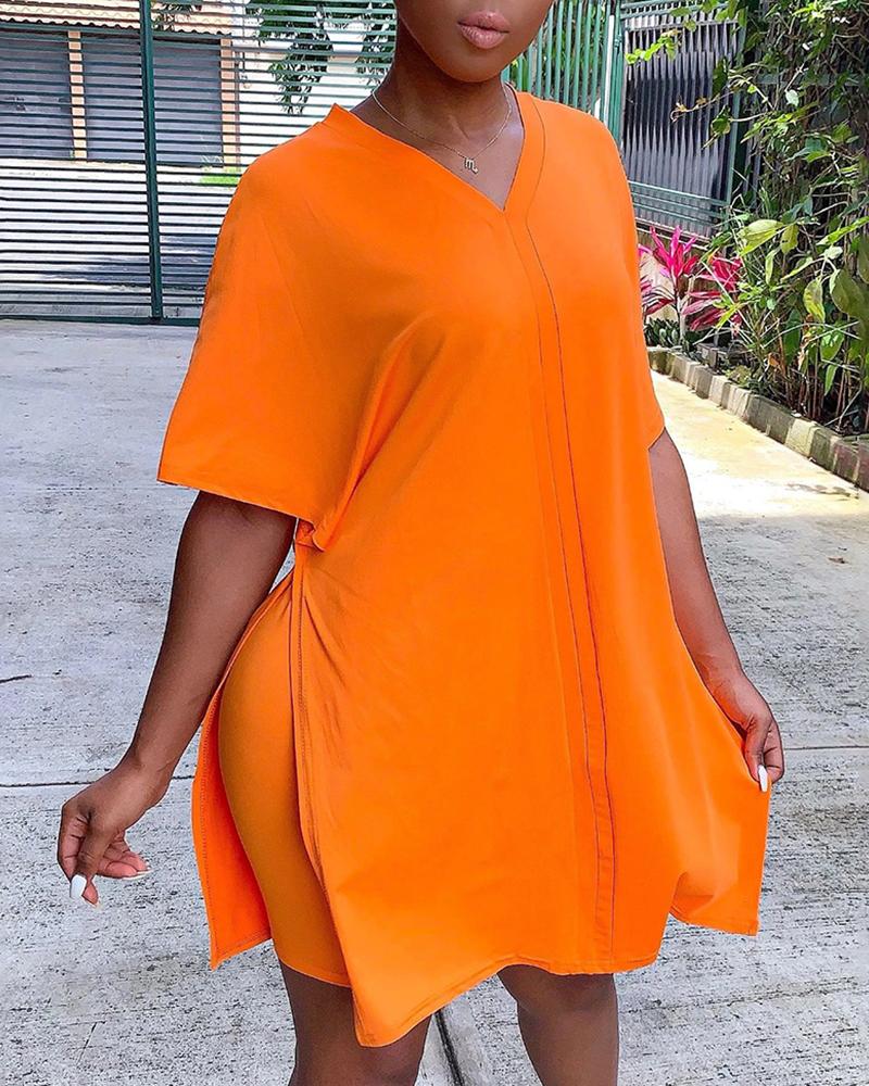 

Batwing Sleeve Slit Women Top & High Waist Shorts Set, Orange