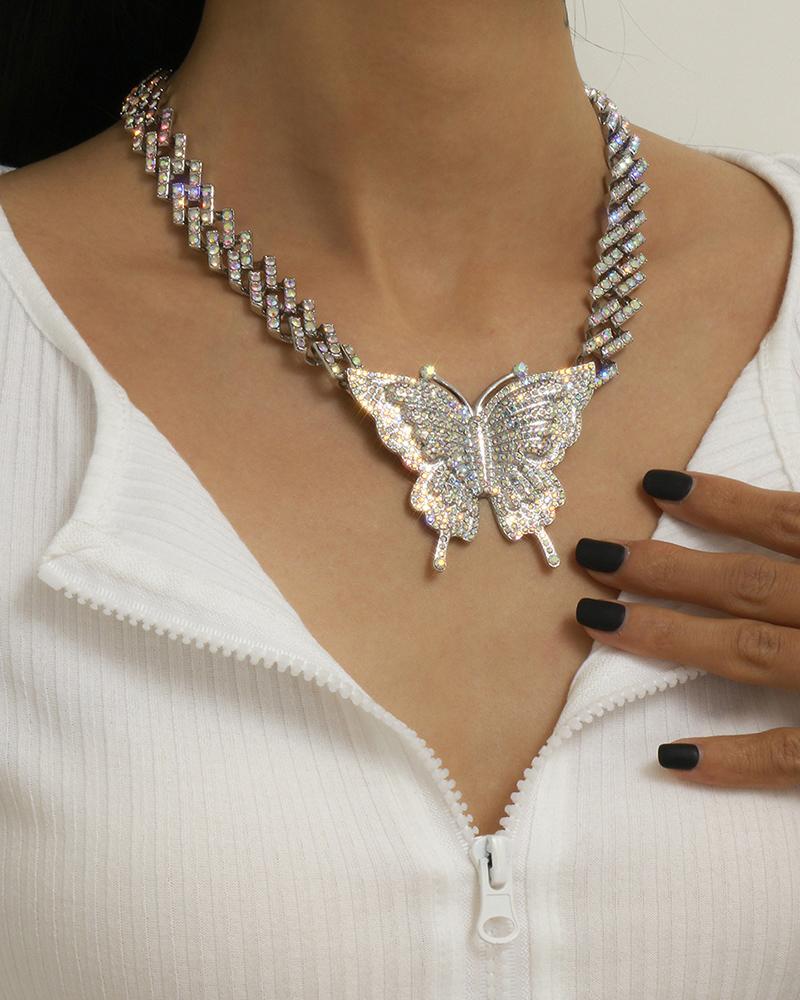 

Butterfly Pattern Studded Pendant Chain Necklace, Multicolor
